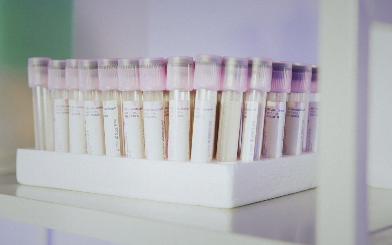 Rows of labeled blood collection tubes with pink caps lined up in a white tray