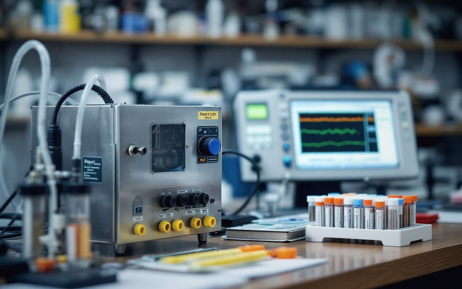 Lab bench with a monitoring device, digital readout screen, and rack of sample vials