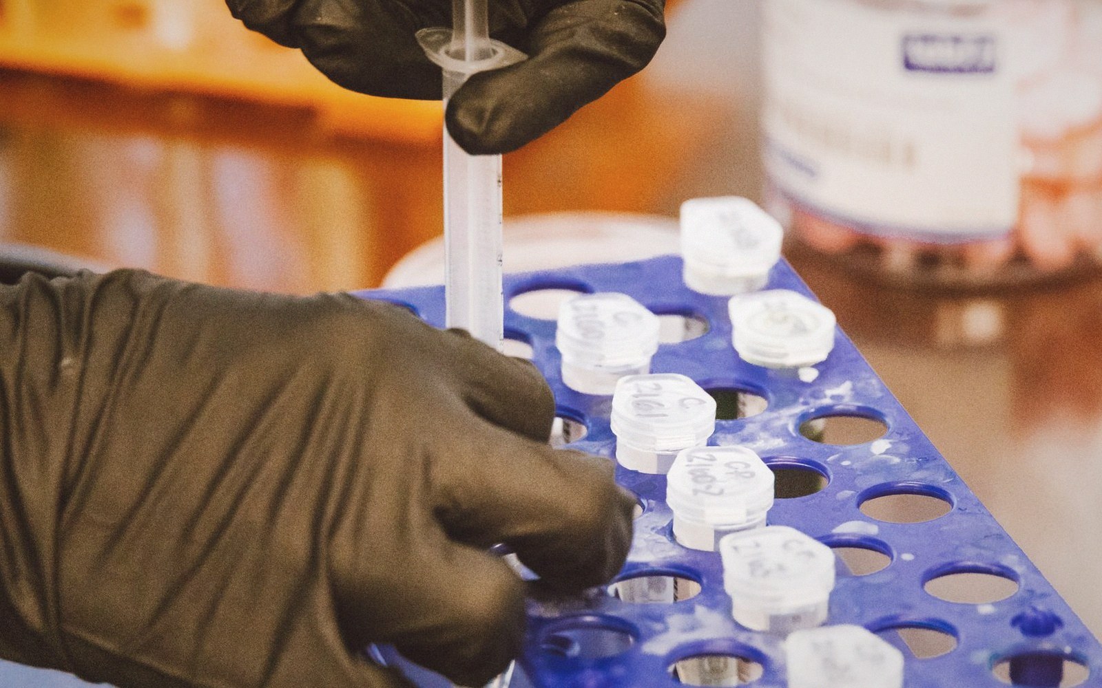 Gloved hands use a syringe to fill labeled vials held in a blue rack