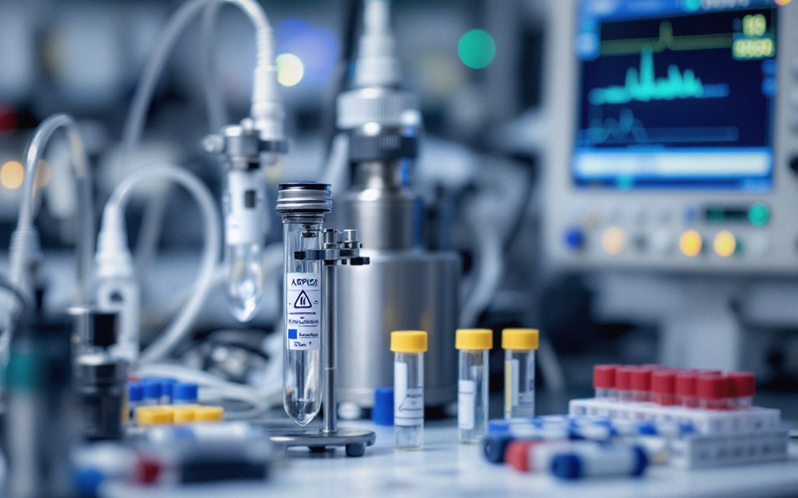 Labeled vials and test tubes surrounded by lab equipment with a data monitor in the background