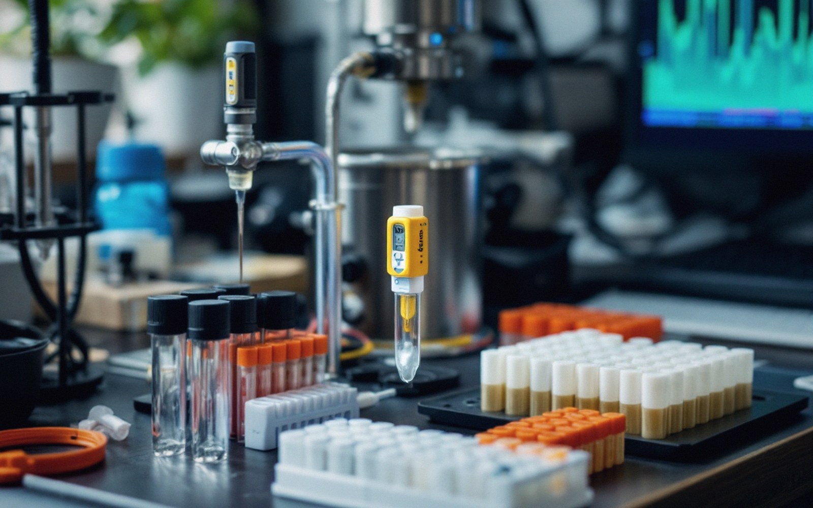 Automated pipettes dispense samples into rows of vials on a lab bench